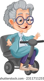 Cartoon grandparent riding wheelchair illustration