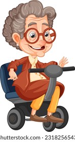 Cartoon grandparent riding wheelchair illustration