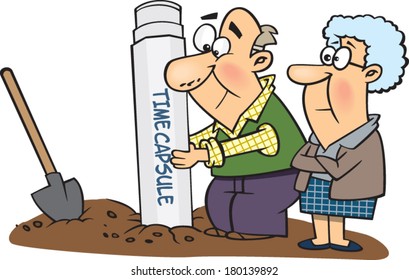 Cartoon Grandparents Burying A Time Capsule