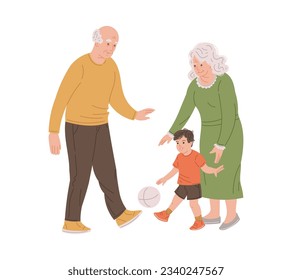 Cartoon grandparents kick the ball with grandson, play with boy and have fun together. Happy family characters loving relation, childhood care granny and grandpa. Vector flat illustration on white