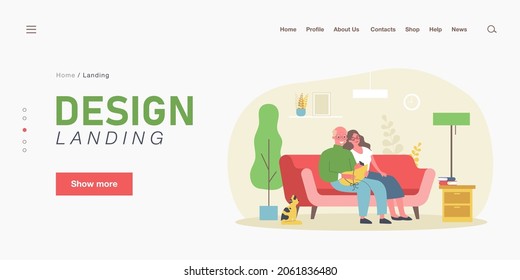 Cartoon grandparents and little grandchild. Flat vector illustration. Grandfather, grandmother sitting on couch, holding little baby in blue blanket with cat beside. Family, grandparents, pet concept