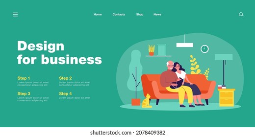 Cartoon grandparents and little grandchild. Flat vector illustration. Grandfather, grandmother sitting on couch, holding little baby in blue blanket with cat beside. Family, grandparents, pet concept
