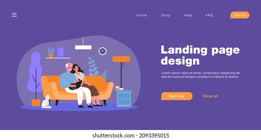 Cartoon grandparents and little grandchild. Flat vector illustration. Grandfather, grandmother sitting on couch, holding little baby in blue blanket with cat beside. Family, grandparents, pet concept