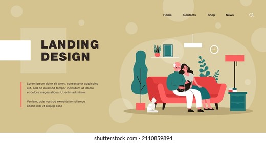 Cartoon grandparents and little grandchild. Flat vector illustration. Grandfather, grandmother sitting on couch, holding little baby in blue blanket with cat beside. Family, grandparents, pet concept