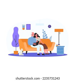 Cartoon grandparents and little grandchild. Flat vector illustration. Grandfather, grandmother sitting on couch, holding little baby in blue blanket with cat beside