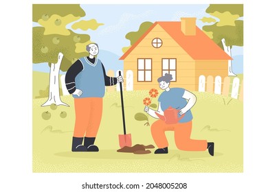 Cartoon grandparents plating flower in garden together. Elderly or senior man and woman gardening, growing plants flat vector illustration. Horticulture, family, healthy lifestyle, leisure concept