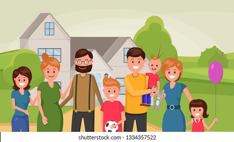 Cartoon grandparents standing outdoors hugging and smiling with grown up teenager children vector illustration. Happiness of parenting concept. Outskirt landscape