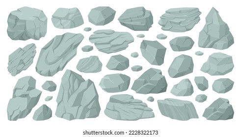 Cartoon granite rocks and grey pebbles, boulder rocky stones. Granite stones, mountain rock stone heap flat vector illustration set on white background