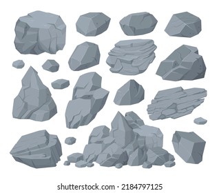 Cartoon granite stones, mountain rock stone heap. Boulder rocky stones, granite rocks and grey pebbles vector symbols illustration set. Stones collection