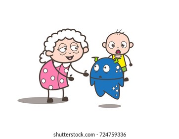 Cartoon Granny with Baby Boy and Alien Monster Vector Illustration