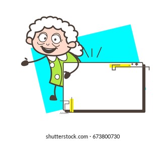 Cartoon Granny with Blank Banner Vector Illustration