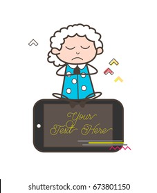 Cartoon Granny Doing Meditation on Phone Vector Illustration