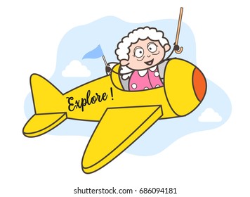 Cartoon Granny Flying Plane Vector Illustration