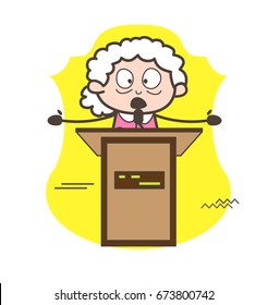 Cartoon Granny Giving Speech in Seminar Vector Illustration