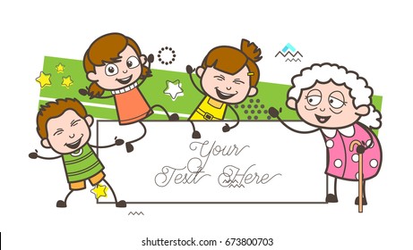 Cartoon Granny with Happy Kids Vector Illustration