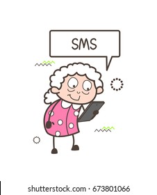 Cartoon Granny Reading a Message Vector Illustration