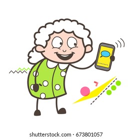 Cartoon Granny Showing a Message in Mobile Vector Illustration