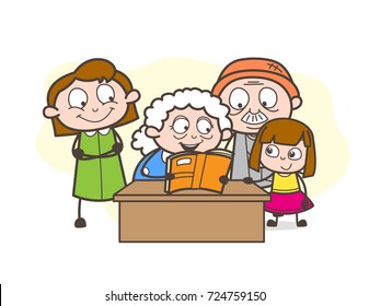 Cartoon Granny Telling a Story to Their Grand Children Vector Illustration