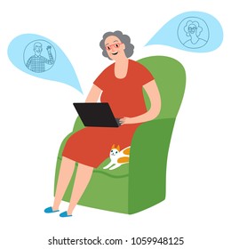 Cartoon granny using computer and talking on-line. Illustration about old people and technologies.