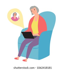 Cartoon granny using computer and talking on-line. Illustration about old people and technologies.