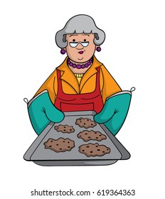 Cartoon granny who is offering some cookies she just baked