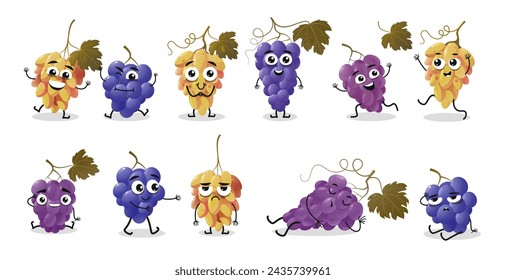 Caricatura de uva. Divertido grupo de emociones emoticonas con diferentes caras, emoji alegre lindo para el chat y mensajero. Conjunto aislado del vector de la comida de la fruta de la historieta, ilustración del personaje de la uva
