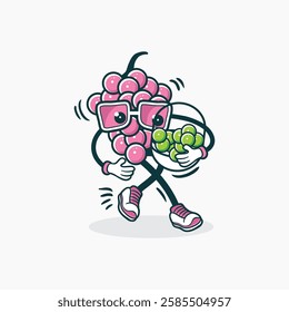 A cartoon grape character with glasses happily walks while carrying a bowl of green grapes.