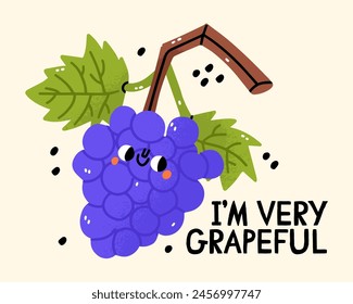 Cartoon grape character with kawaii set and trendy lettering. Have a grape day . Stylish vector typography slogan design. Design for t shirts, stickers, posters, cards etc