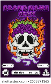 Cartoon Grape Fruit on Skull Head Smoking And Burning Fire Backgrounds. For Product Packaging Cover. Vectors Illustrations