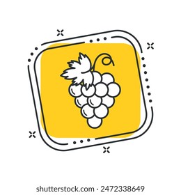 Cartoon grape icon vector illustration. Bunch on isolated yellow square background. Vine sign concept.