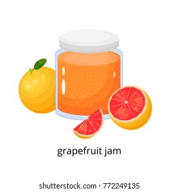 Cartoon grapefruit jam or marmalade in glass isolated on white background.