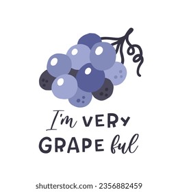 Cartoon grapeful character with heart and trendy lettering. I'm very grapeful . Stylish vector typography slogan design. Design for t shirts, stickers, posters, cards etc