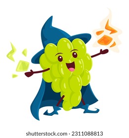 Cartoon grapes berry wizard or mage character. Vector magic grapes personage making spell with glowing fireballs in hands. Funny smiling sorcerer juicy plant in cape, healthy fascinator, wiz conjurer