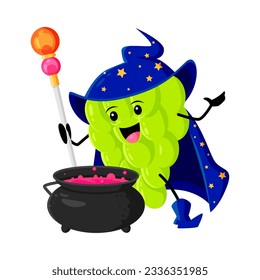 Cartoon grapes fruit wizard or magician character brewing magic potion in cauldron. Funny vector ripe green grape sorcerer Halloween personage in witch hat and cape with magic pot. Wiz plant enchanter