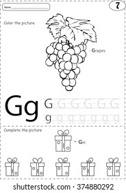 Cartoon grapes and gift. Alphabet tracing worksheet: writing A-Z, coloring book and educational game for kids