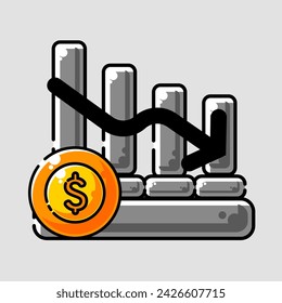 Cartoon graph bar with dollar coin, great for financial presentations, reports, business blogs, or investment related articles targeting various audiences.