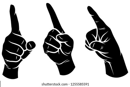 Cartoon graphic black silhouette human hands. Showing forefinger. Isolated on white background. Vector icons set. Vol. 2