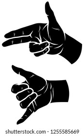 Cartoon graphic black silhouette human hands. Showing two fingers and Shaka gesture or sign. Isolated on white background. Vector icons set.