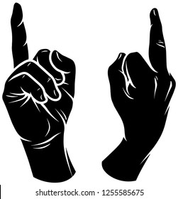 Cartoon graphic black silhouette human hands. Showing middle finger offensive gesture or sign. Isolated on white background. Vector icons set.