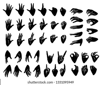 Cartoon graphic black silhouette human hands. Showing different gesture or sign. Rock and roll, okay, forefinger palm and knuckle. Isolated on white background. Vector icons big set.