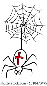 Cartoon graphic black and white funny halloween spider with red cross and cobweb. Isolated on white background. Vector icon.