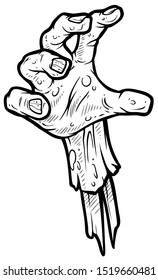 Cartoon Graphic Black And White Hand Drawn Scary Zombie Monster Hand With Bone. Isolated On White Background. Halloween Vector Icon.