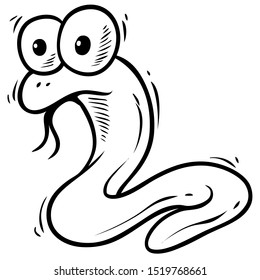 Cartoon graphic black and white hand drawn funny little snake with big eyes. Isolated on white background. Vector icon.