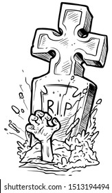 Cartoon graphic black and white tomb gravestone with cross, rising zombie hand and R.I.P text. Isolated on white background. Halloween vector icon.