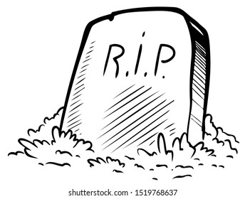 Cartoon graphic black and white tomb gravestone with R.I.P text. Isolated on white background. Halloween vector icon.