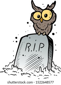 
Cartoon graphic black and white tombstone with text R.I.P and sitting owl. Isolated on white background. Halloween vector icon.
