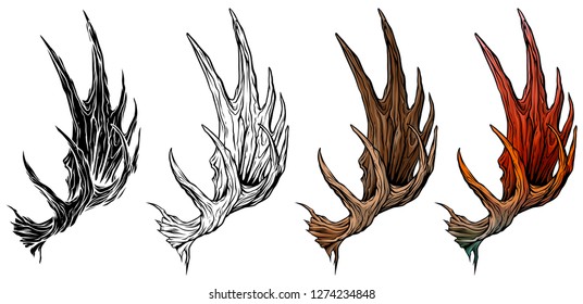 Cartoon graphic colorful detailed big moose horns or antlers. Hunting trophy. Isolated on white background. Vector icon set.