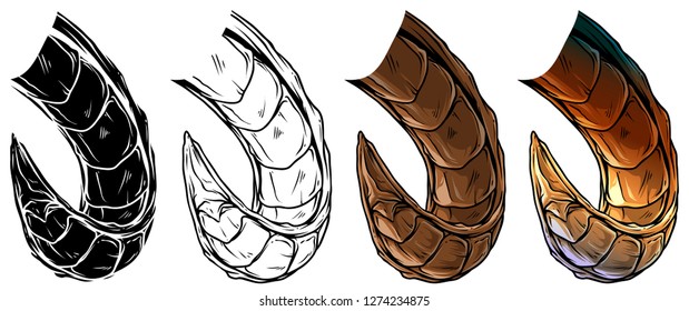 Cartoon graphic colorful detailed big sharp daemon horns or antlers. Hunting trophy. Isolated on white background. Vector icon set.