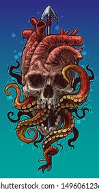 Cartoon graphic colorful detailed realistic human heart shaped skull with octopus tentacles on metal spear. Isolated on blue background. Tattoo outline. Vector icon.