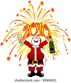 cartoon graphic depicting Santa Claus celebrating the New Year